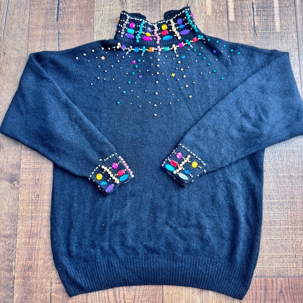 RARE Vintage 1992 Black Silk & Rabbit Hair Jeweled Sweater Sz L